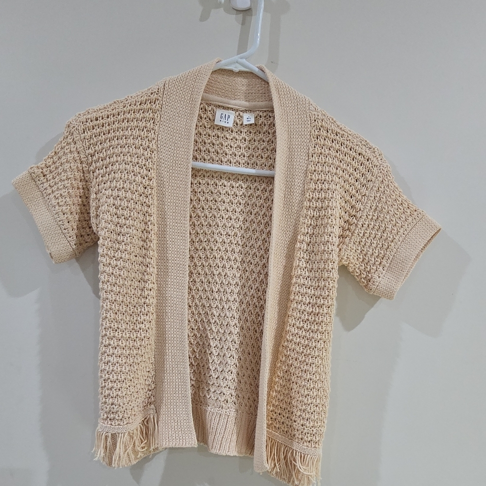 GAP Kids Open-Knit Fringe Short Sleeve Cardigan Sweater Beige S (6-7)